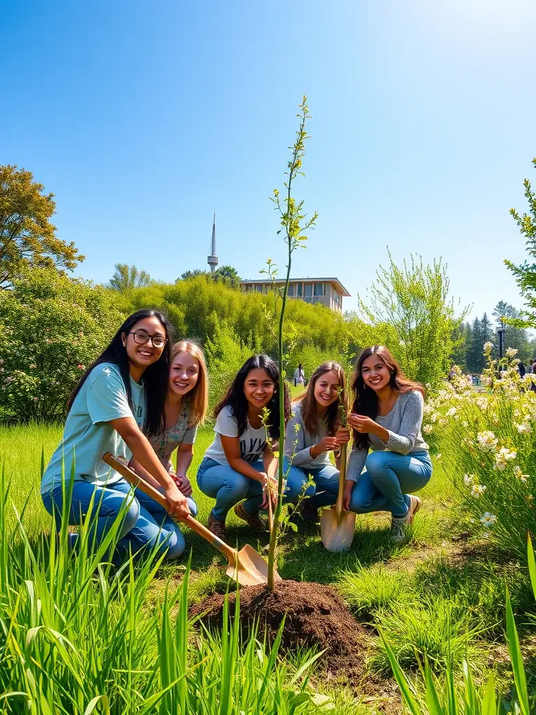 A diverse group of teenagers working together on a community service project, planting trees in a local park, with shovels and gardening tools.