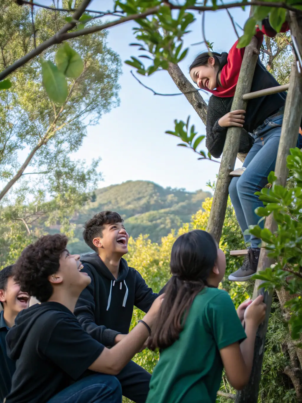 A group of young people from different countries participating in a team-building activity during an AEIRJ exchange program, set in a scenic outdoor location.
