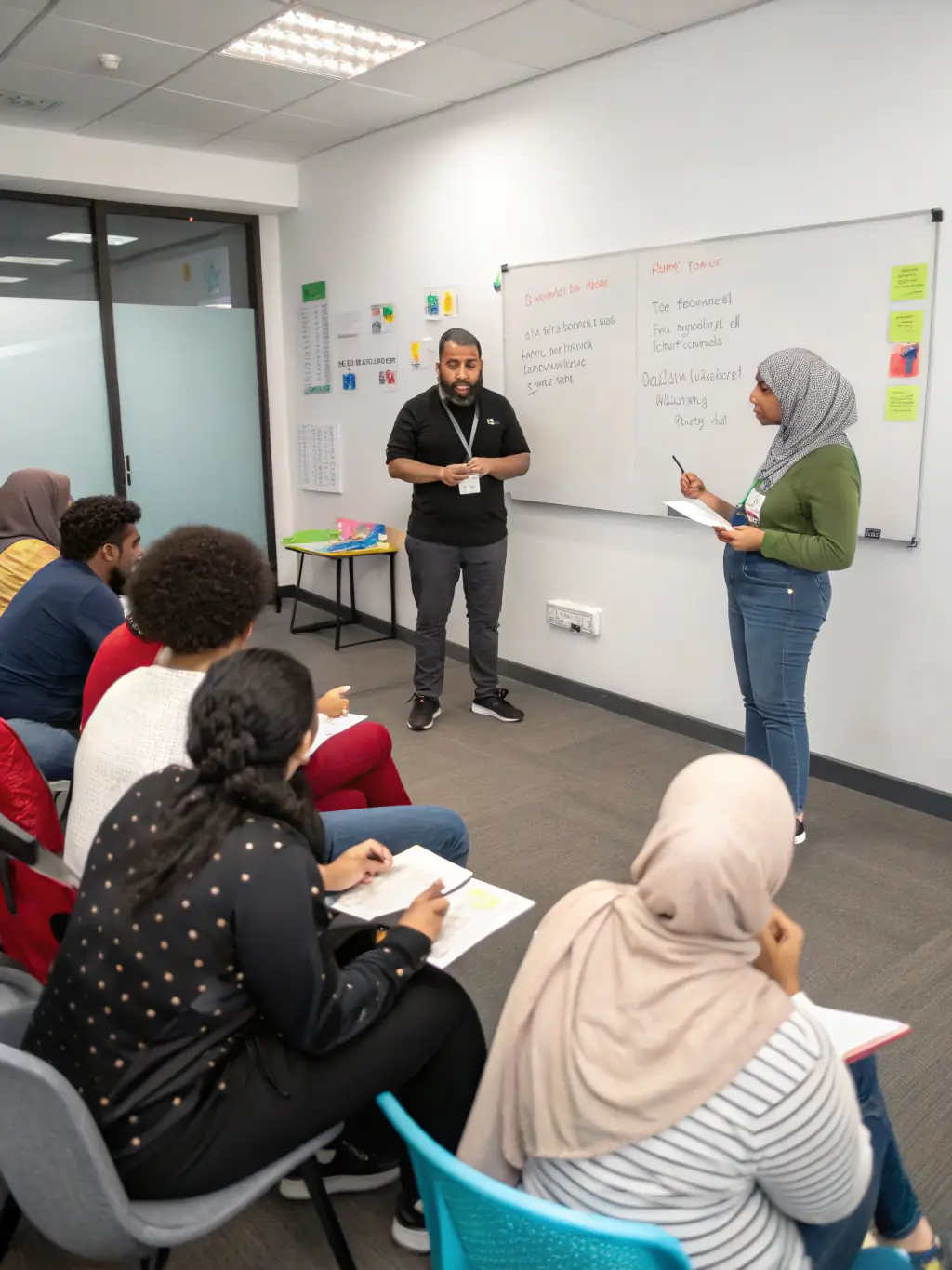 A photo of young adults participating in a leadership training session, actively engaged in discussions and group exercises, in a modern conference room.