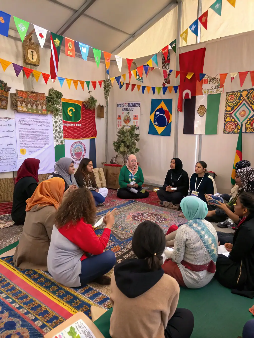 A group of young people from different countries participating in a cultural exchange workshop, smiling and interacting with each other, set in a vibrant community center.
