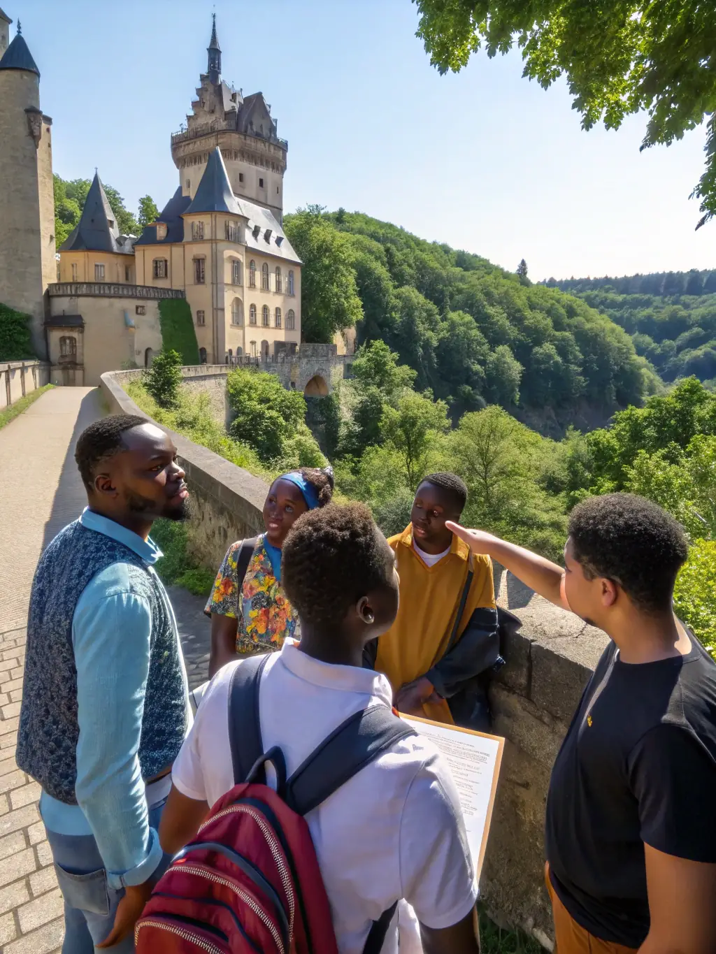 A group of international students visiting a historical landmark, taking photos and learning about the local culture, with a knowledgeable guide.