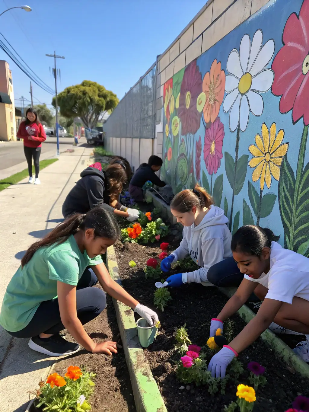 A photo of students from France and Japan working together on a community project, showcasing the hands-on learning aspect of AEIRJ's activities.